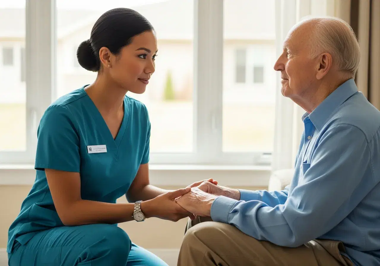 Caregiver crouched at eye level gently holding both hands of a seated older woman
