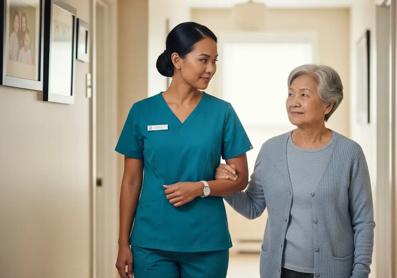 Caregiver gently walking arm in arm with an older woman down a bright hallway lined with family photographs