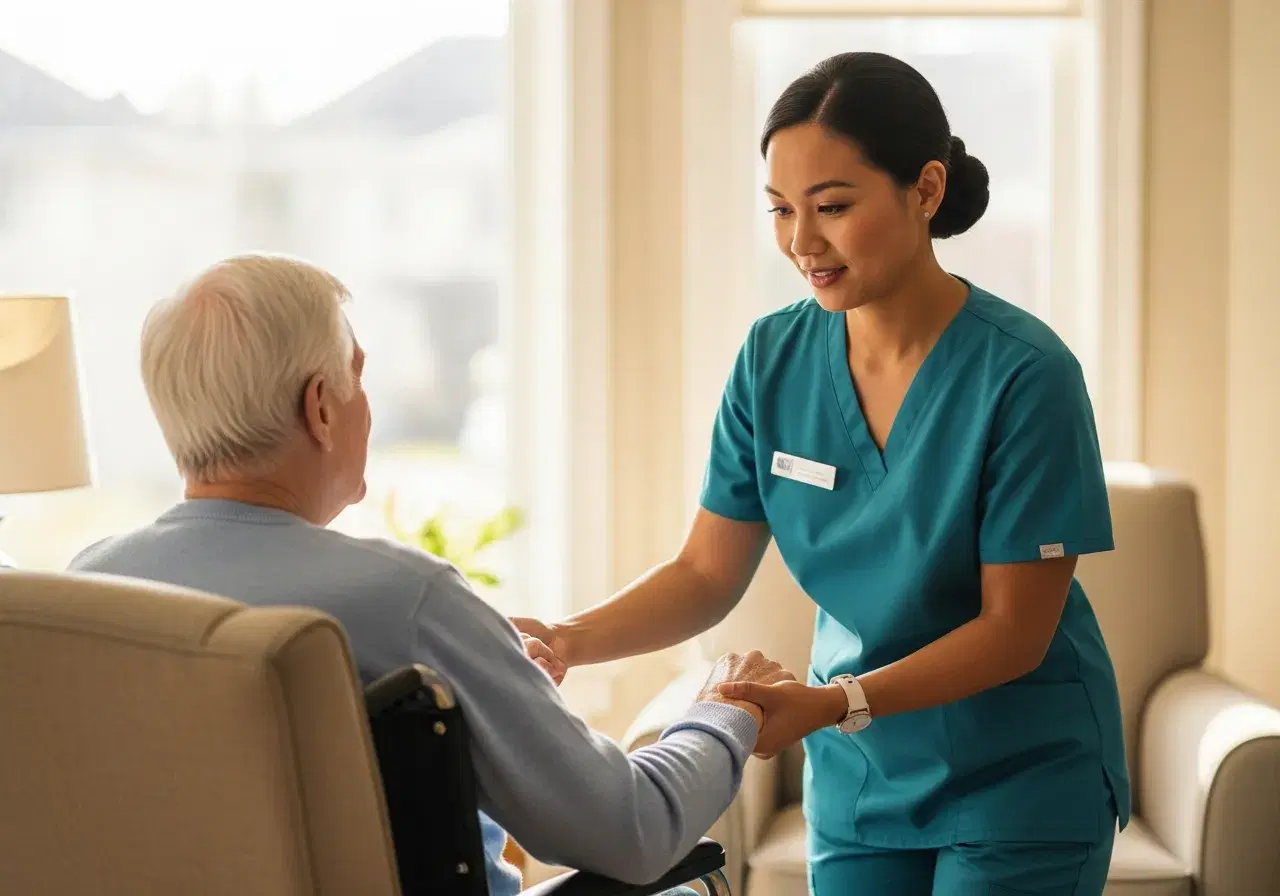 Caregiver carefully assisting an older man as he transfers from a wheelchair to a comfortable armchair in a sunlit living room