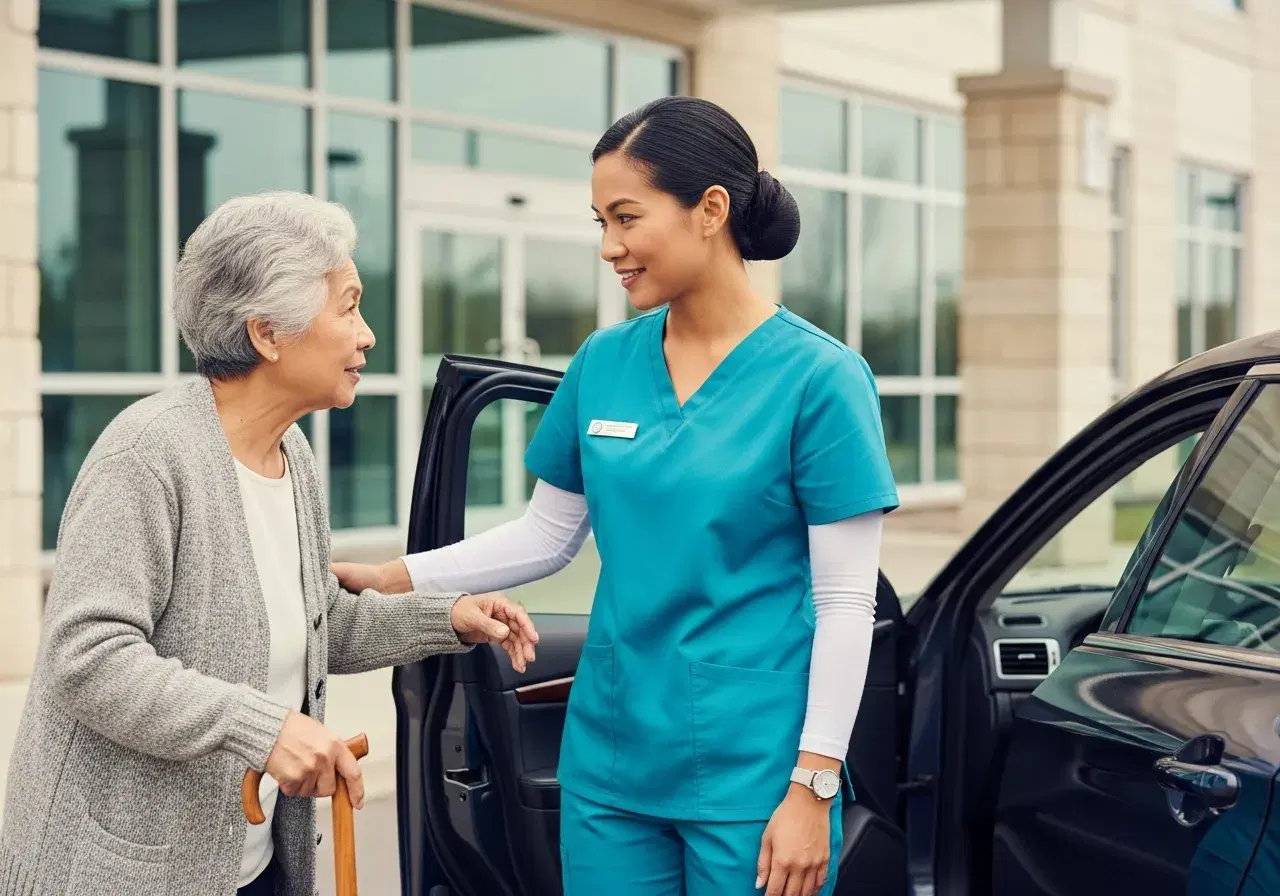 Caregiver in light blue scrubs gently helping an older woman with a cane out of a car at a medical office