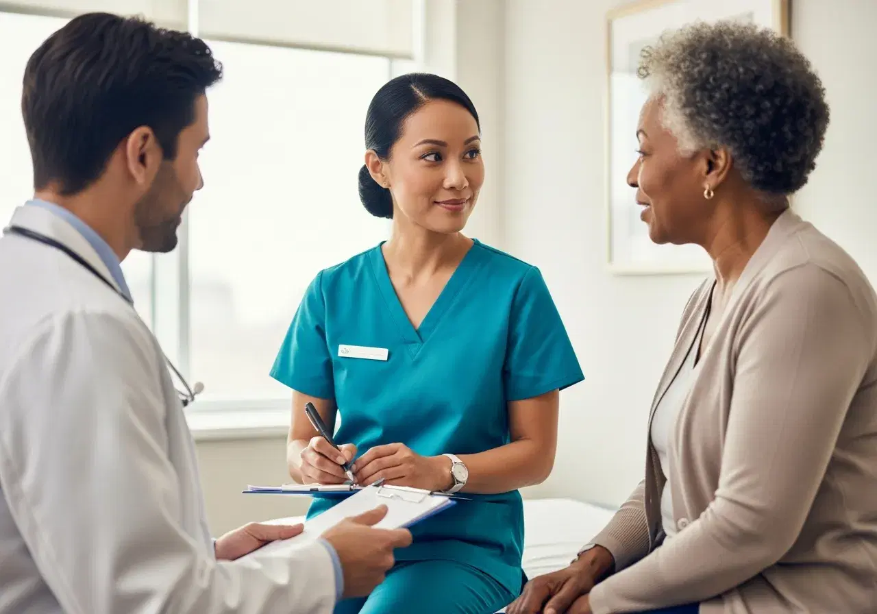 Caregiver taking detailed notes on a clipboard while a doctor explains care instructions to an older woman in a bright clinic exam room