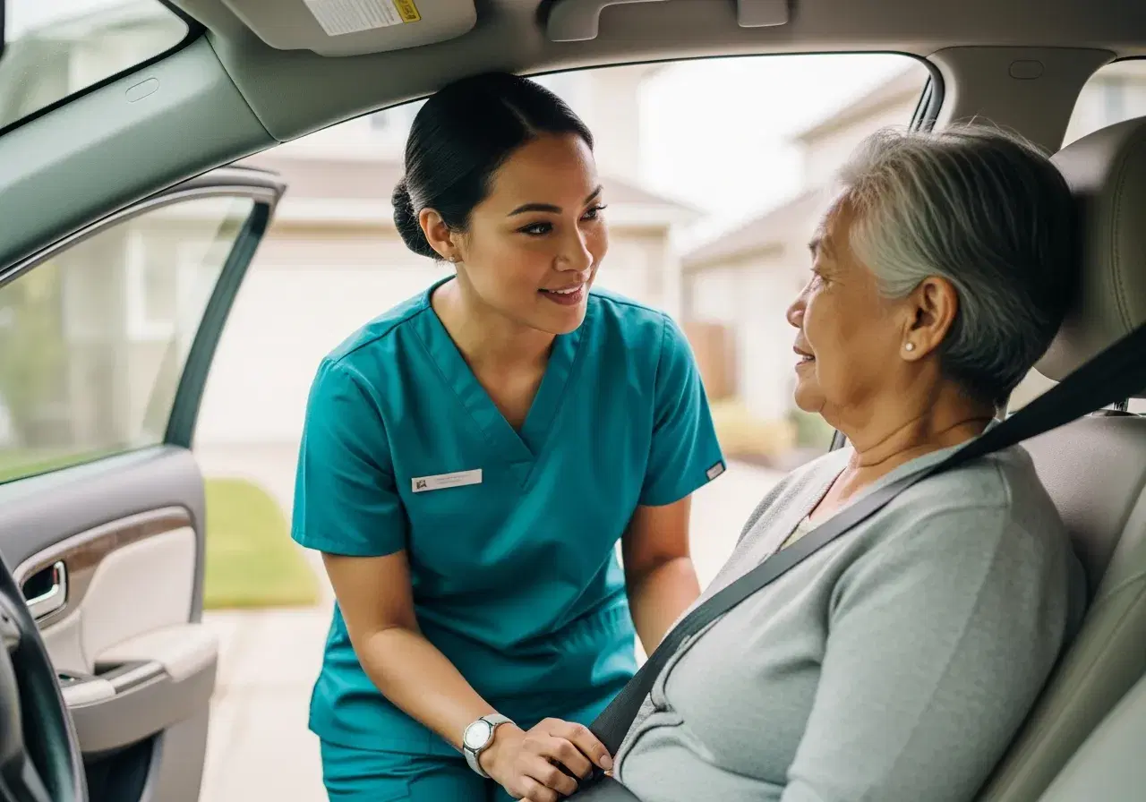 Caregiver helping an older woman buckle her seatbelt in the front passenger seat of a sedan in a sunlit driveway