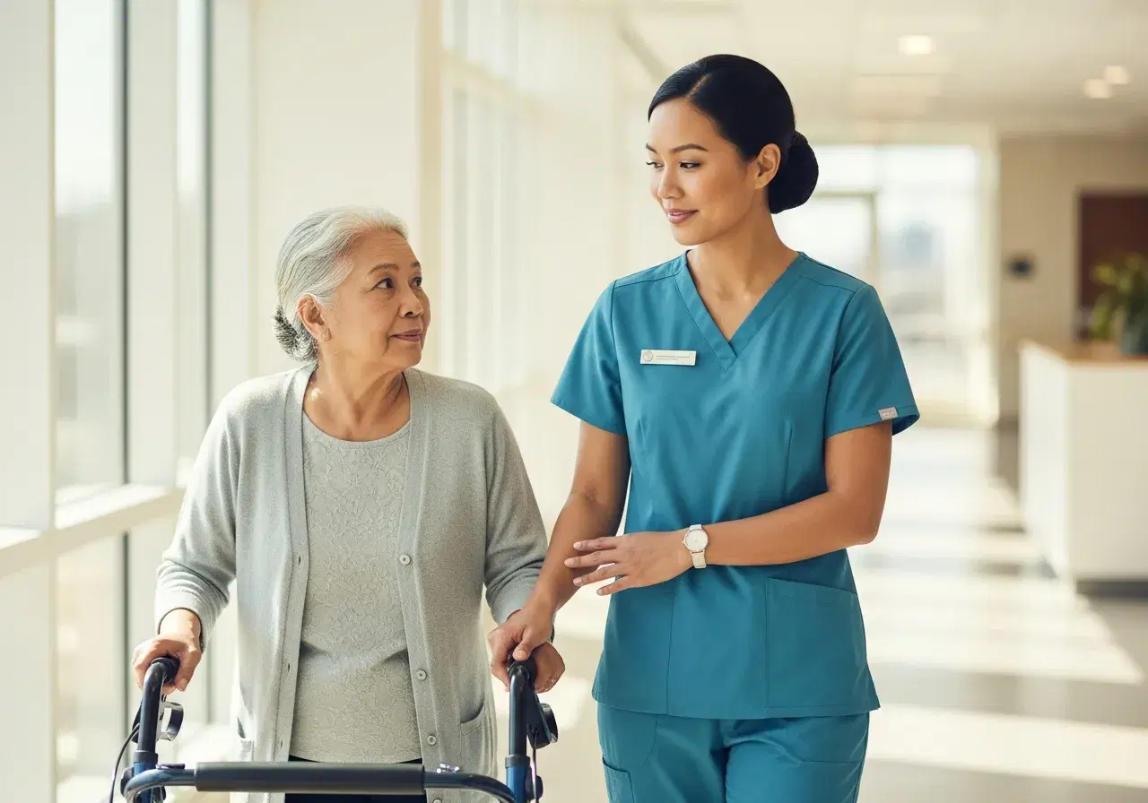 Caregiver patiently walking with an older man and his walker through a hospital hallway