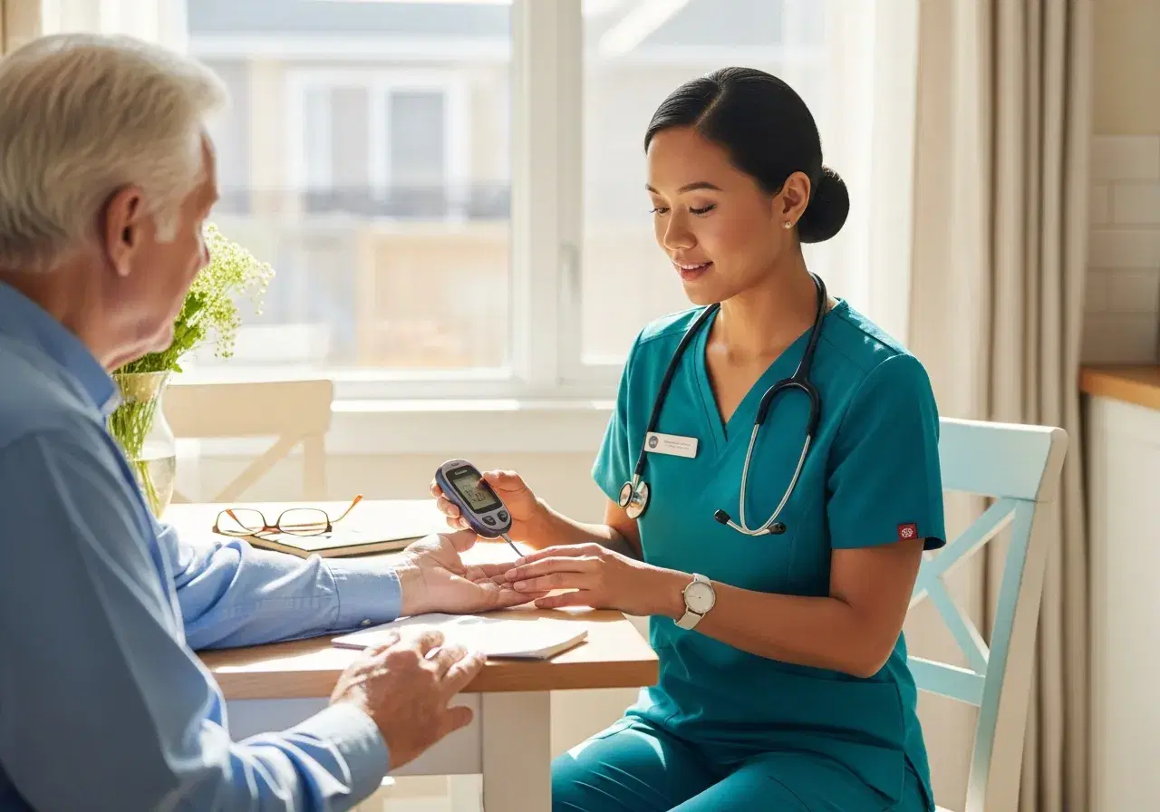 Nurse checking the blood glucose level of an older man with a small handheld meter at his sunlit kitchen table