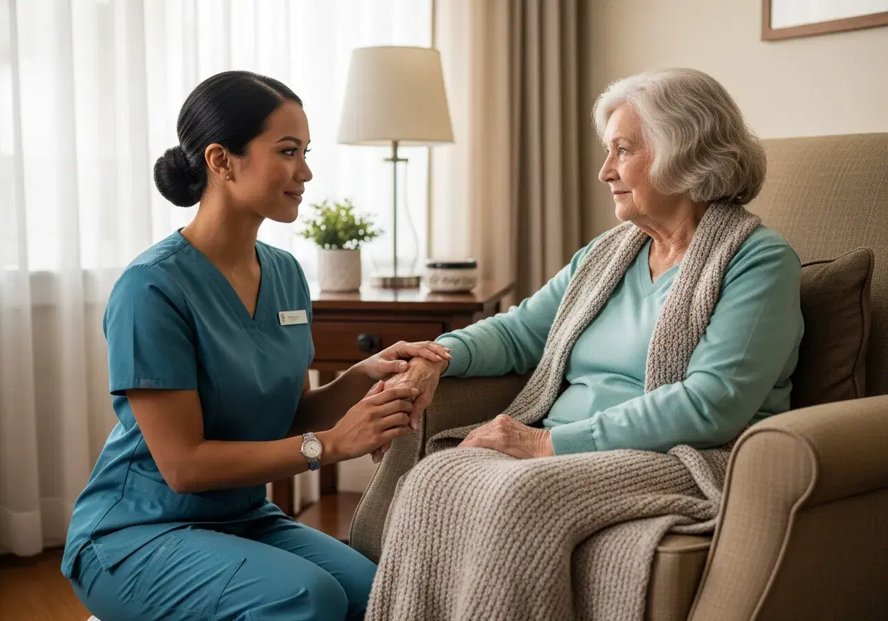 Caregiver kneeling beside an armchair, gently holding the hand of an elderly woman wrapped in a soft knit blanket