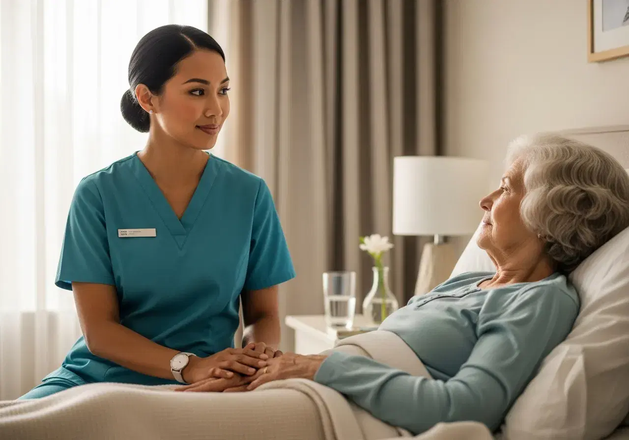 Adult daughter sitting at her mother's bedside, holding her hand in soft afternoon light