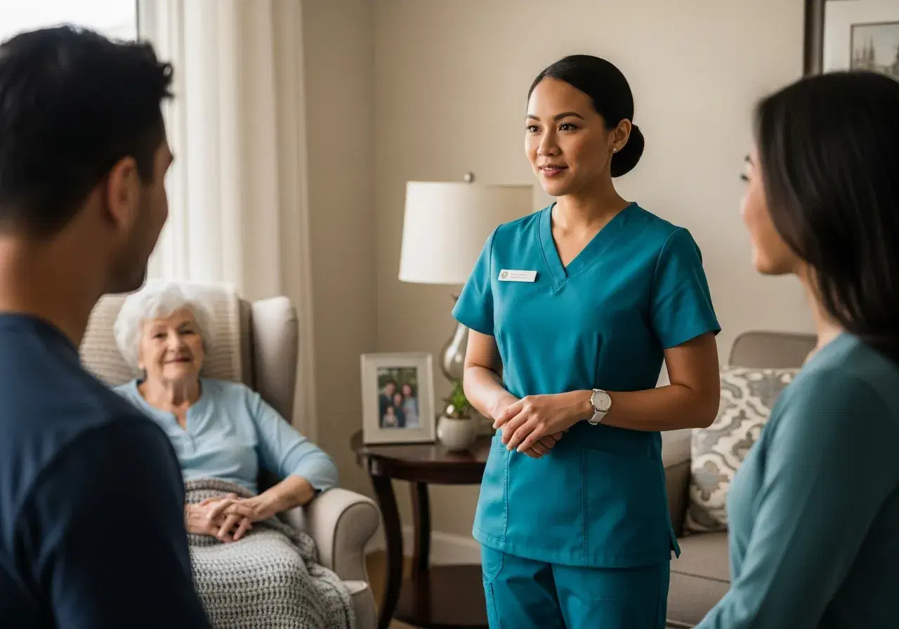 Family gathered with a caregiver in a warm living room, supporting an older relative