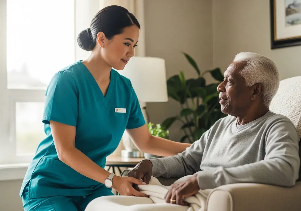 Caregiver gently helping an older man settle into a sunlit armchair, tucking a soft blanket around his lap
