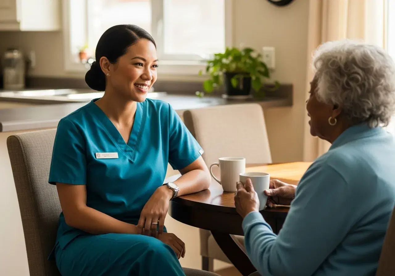 Caregiver and an older woman laughing warmly together over tea at a sunlit kitchen table