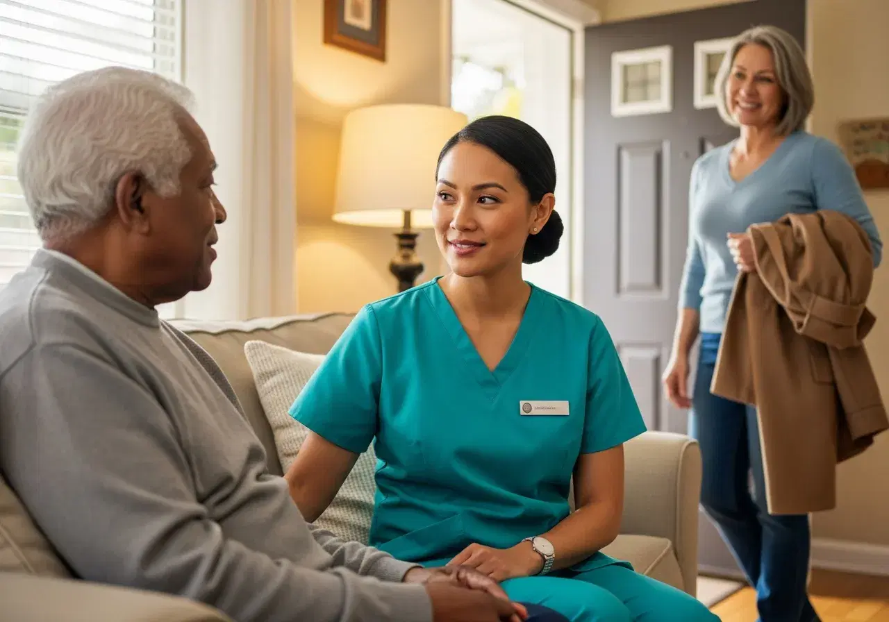 Caregiver chatting comfortably on a couch with an older man while his adult daughter, holding a coat near the door, looks visibly relieved and ready to step out for a break