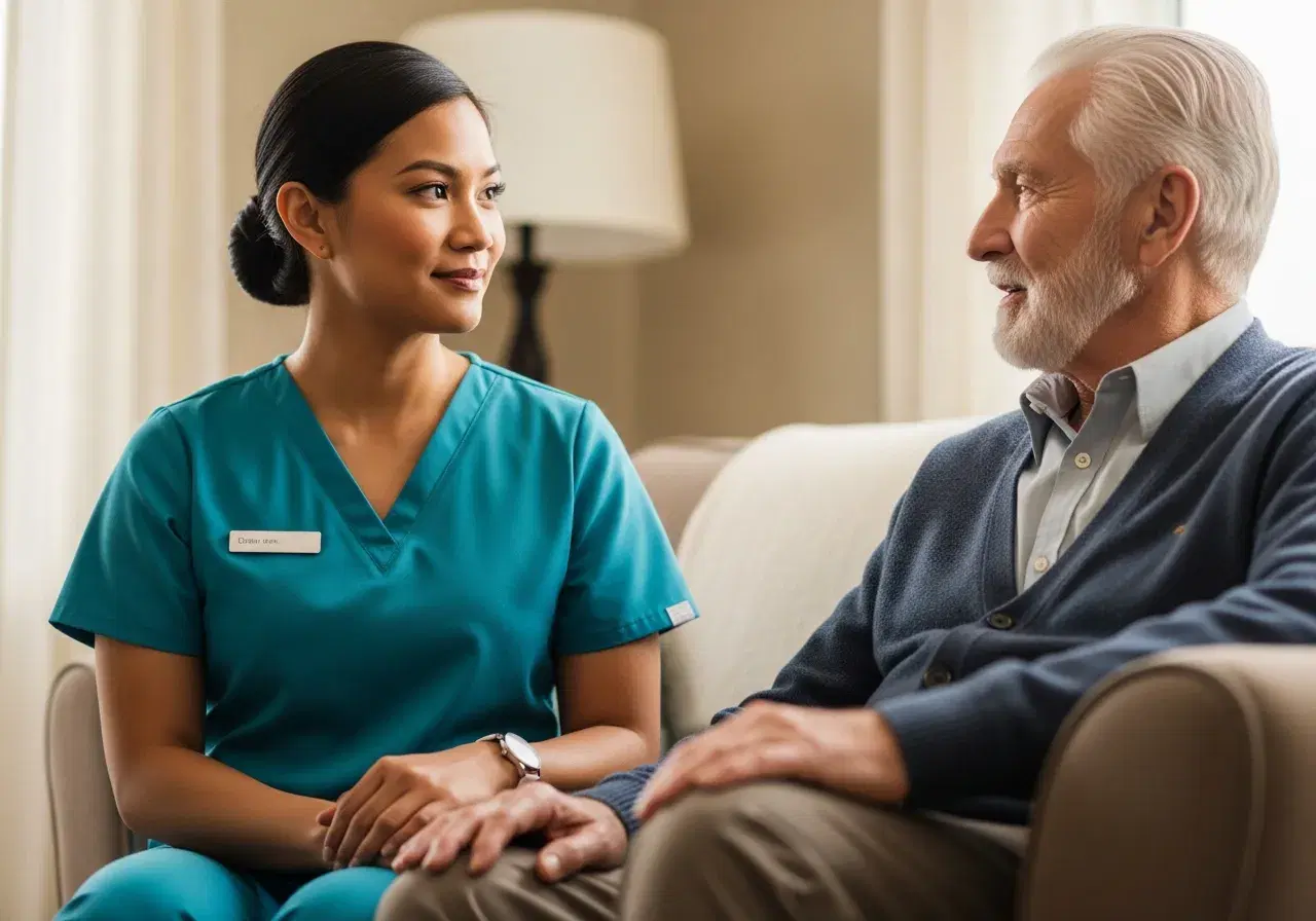 Caregiver and an older man in a soft cardigan engaged in warm conversation on a sunlit living room couch