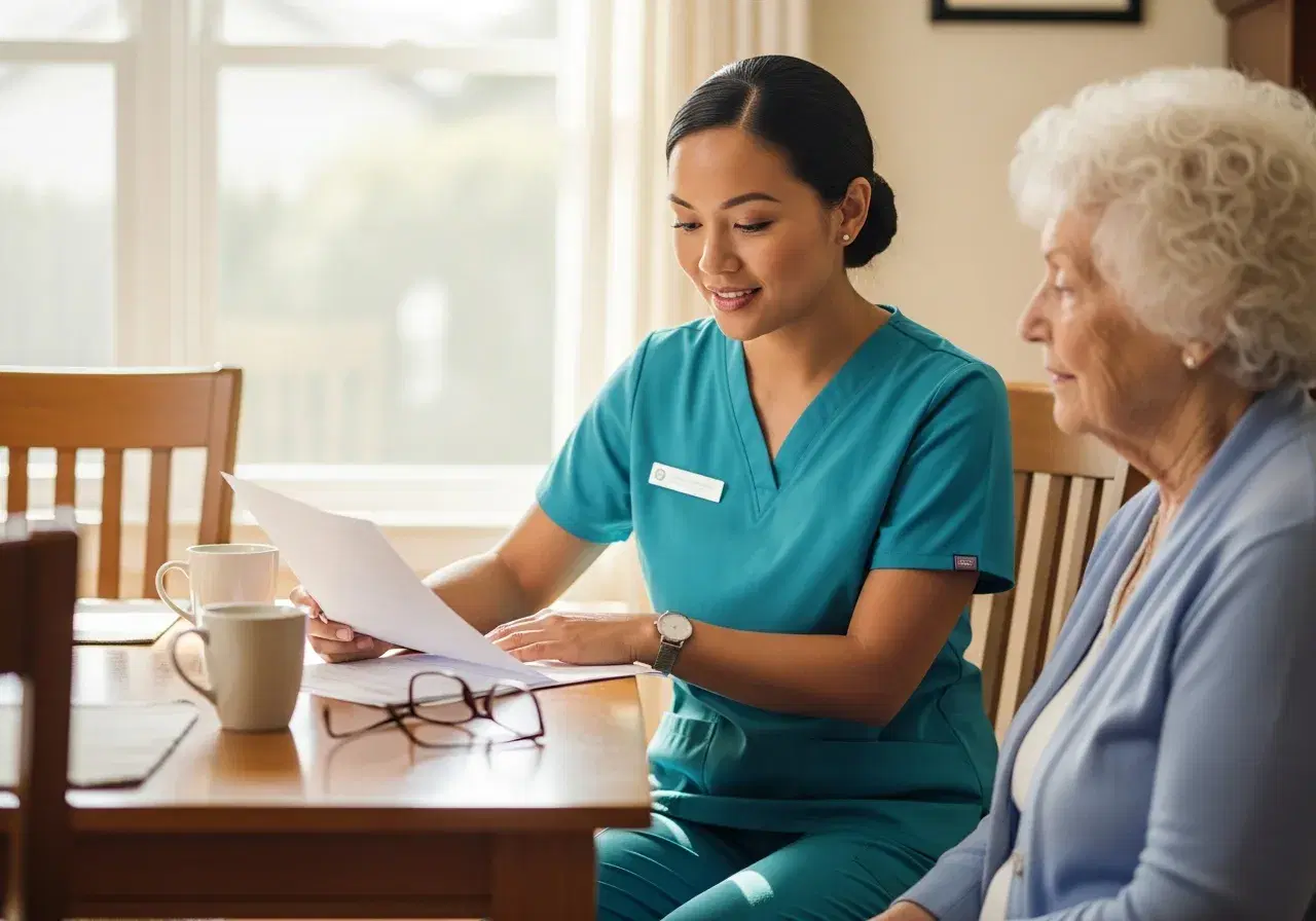 Caregiver reviewing paperwork with an older woman at a sunlit dining table, reading glasses and two coffee mugs nearby