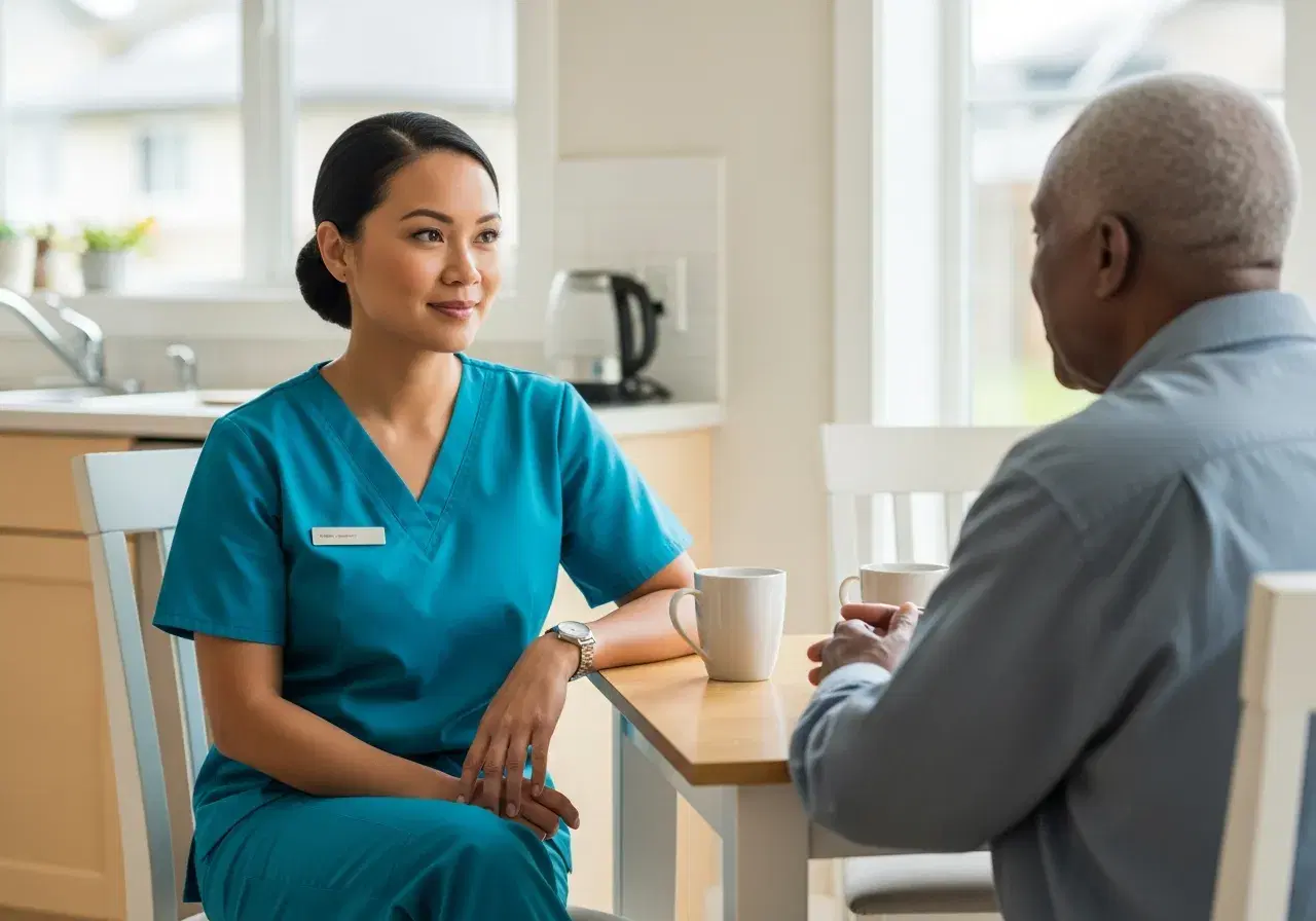 Caregiver and an older man at the kitchen table in a relaxed consultation, two mugs of tea between them
