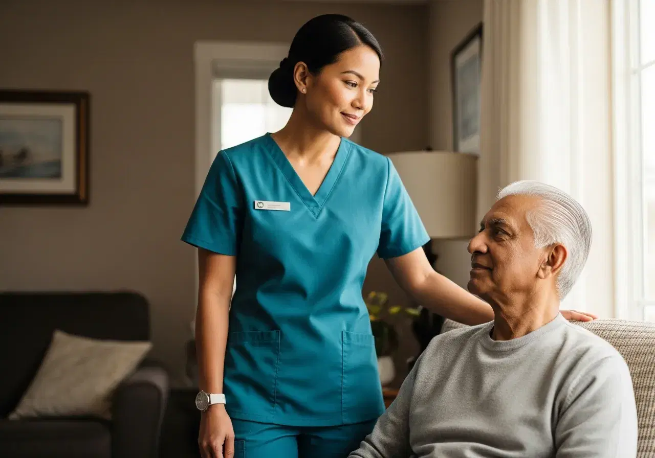 Caregiver standing beside an older man's armchair as he looks out a sunlit window in a quiet, supportive moment