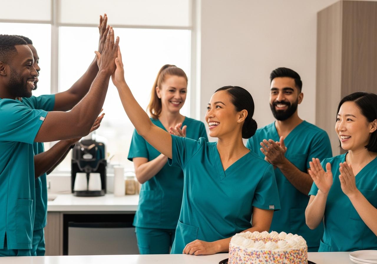 Happy healthcare professionals in uniform celebrating or high-fiving in office environment