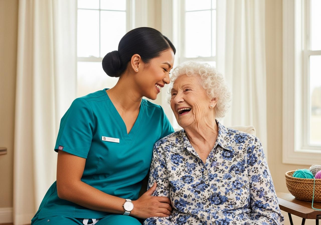 Caregiver and elderly client sharing a genuine laugh during home visit