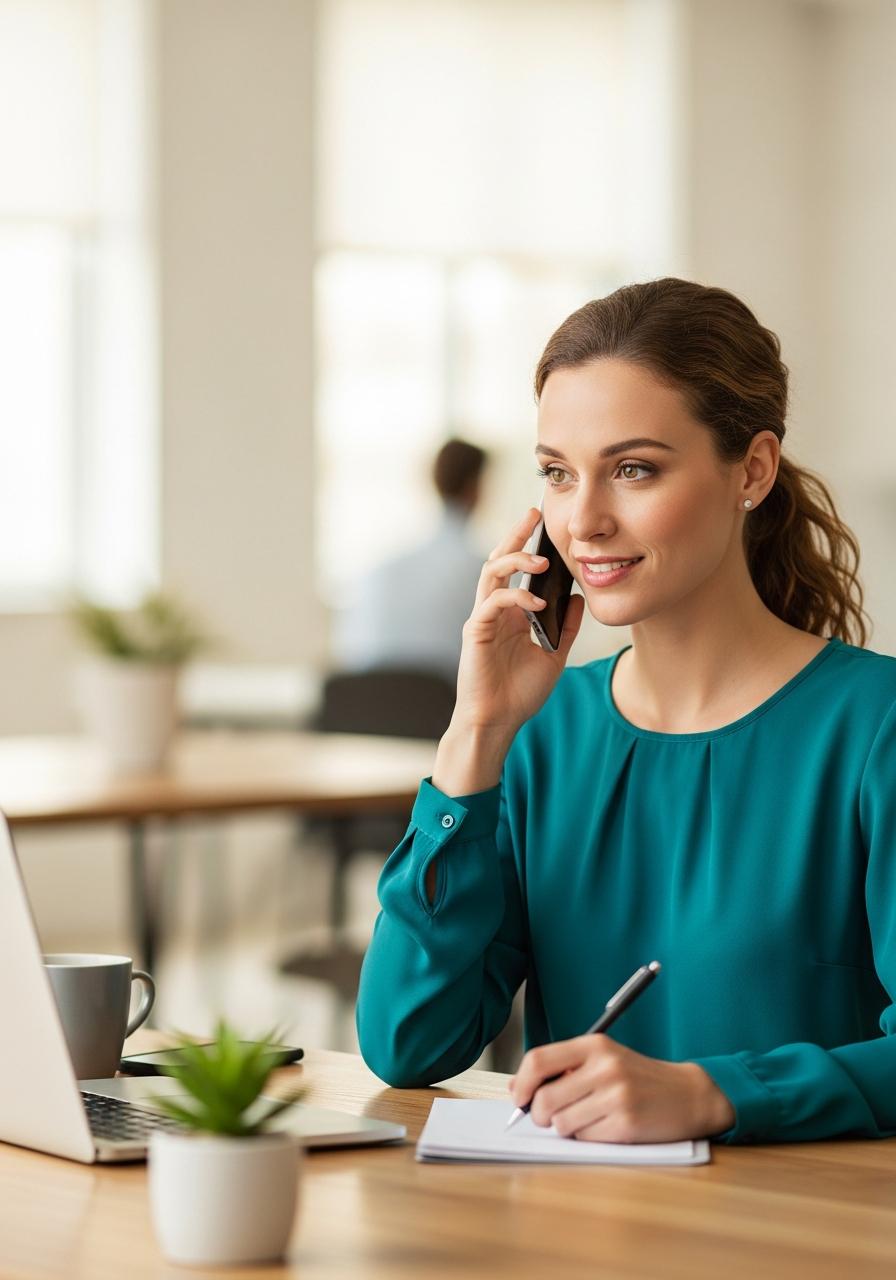 Professional woman on phone in modern office with notepad, looking helpful and attentive