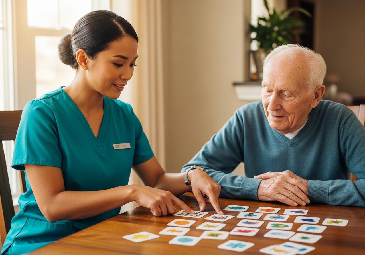 Caregiver and elderly man engaged in memory card matching game together at a table