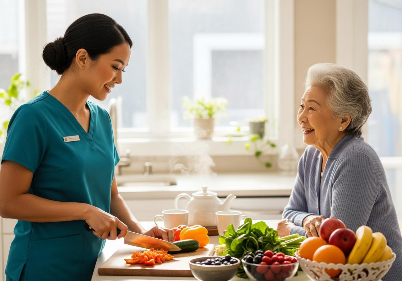 Caregiver preparing a healthy meal in kitchen while elderly woman watches and chats