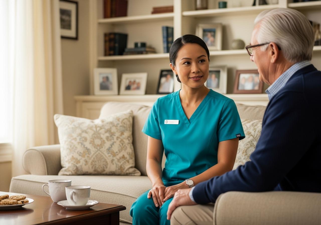 Smiling elderly man and female caregiver having a conversation in comfortable living room